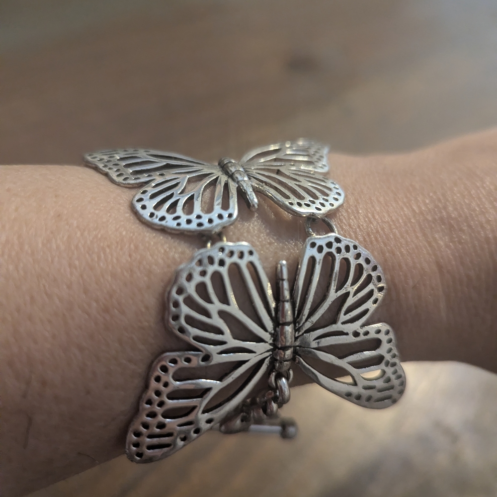 Fossil Stamped Silver Butterfly Bracelet, Toggle Clasp
